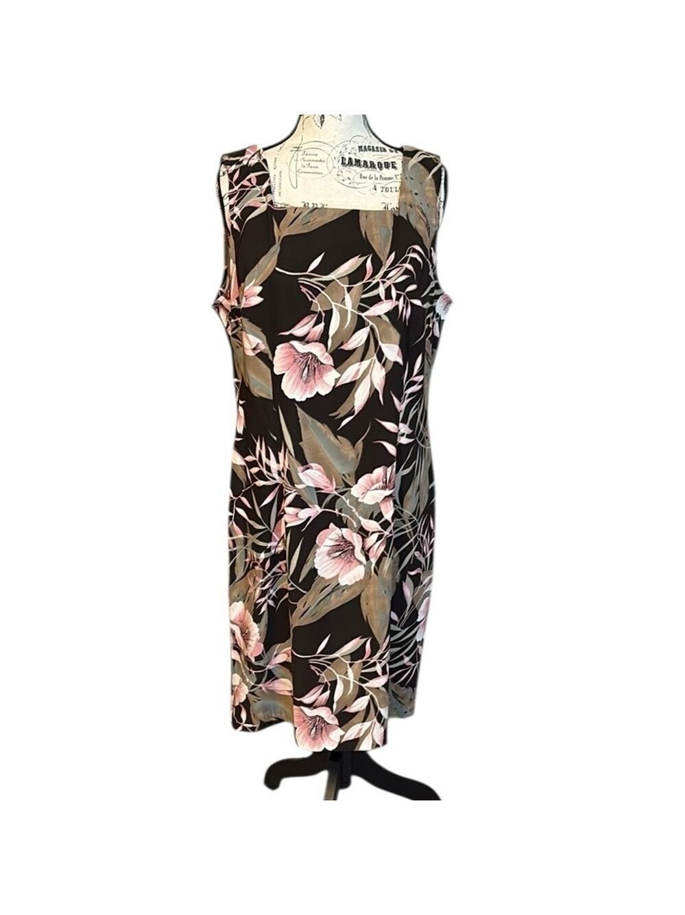 Dressbarn Sleeveless Dress Tropical Print Square Neck Brown and Pink Size 16